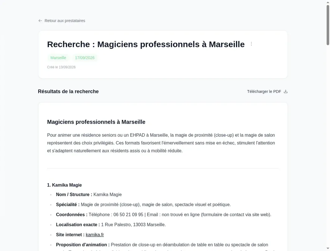 Écran Prestataires dans Anima